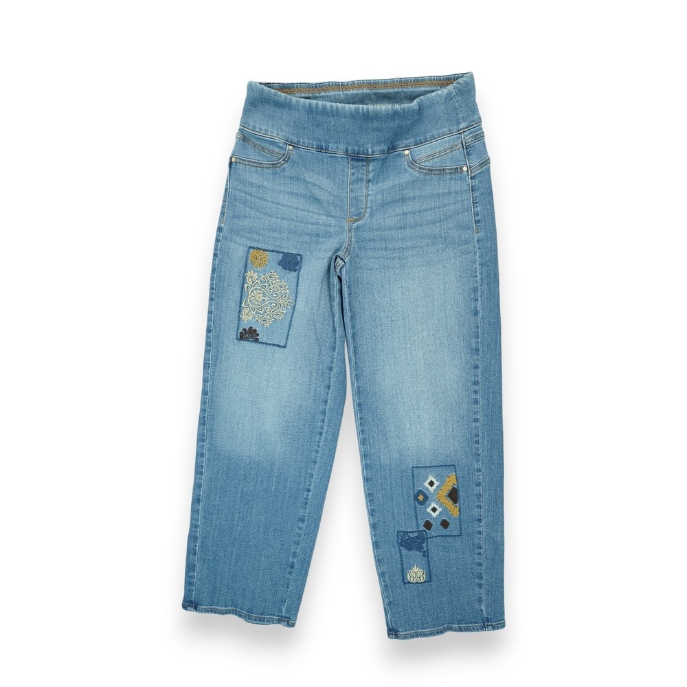 NWT Chicos Patchwork Jeans Pull On Straight Leg Ankle Size 0 ~ Med Wash